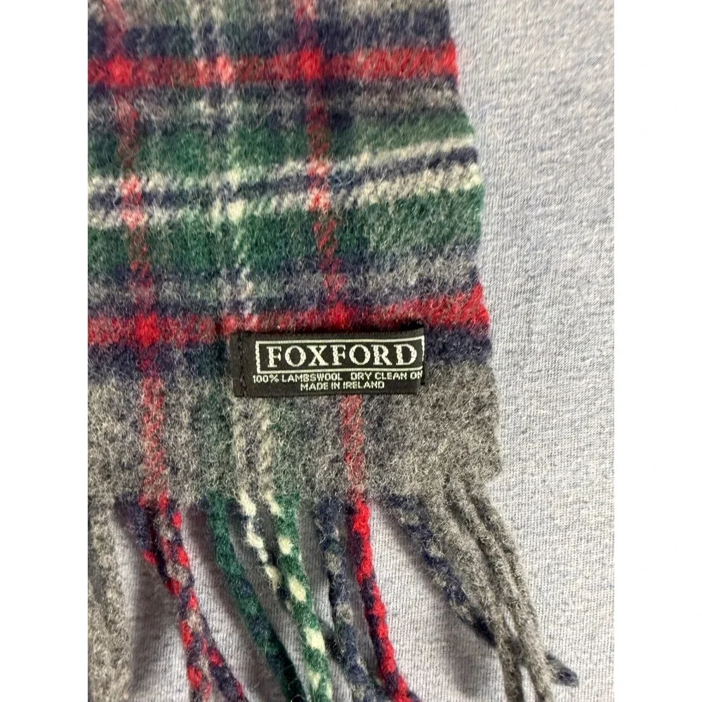 Vintage Foxford Ireland 100% Lambswool Tartan Plaid Scarf Grey Green Red Fringe